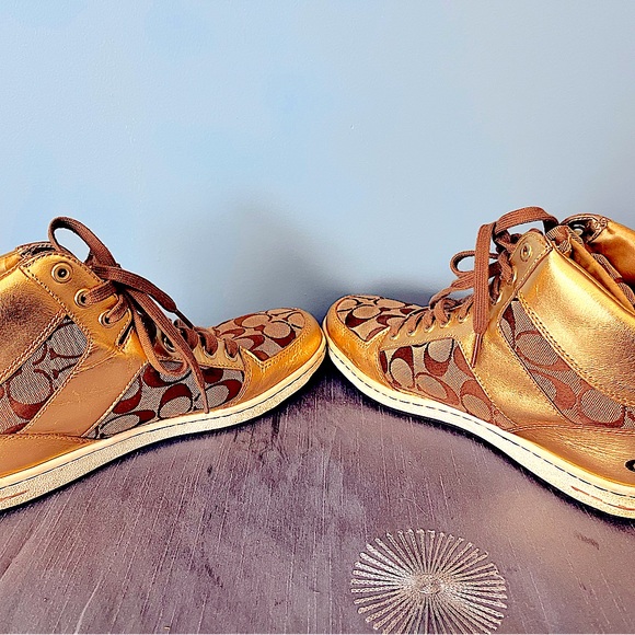 Coach Brand Norra Gold Color with tan & beige Hightop Sneakers Size women’s 10 - Picture 2 of 5